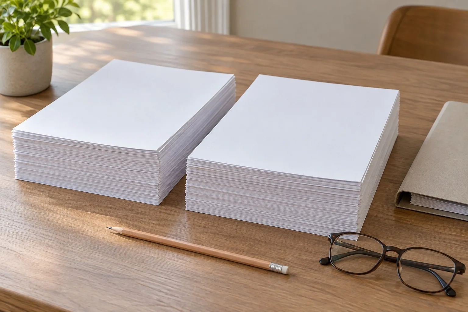 Zwei geordnete Papierstapel neben Lesebrille, Bleistift und Dokumentenmappe